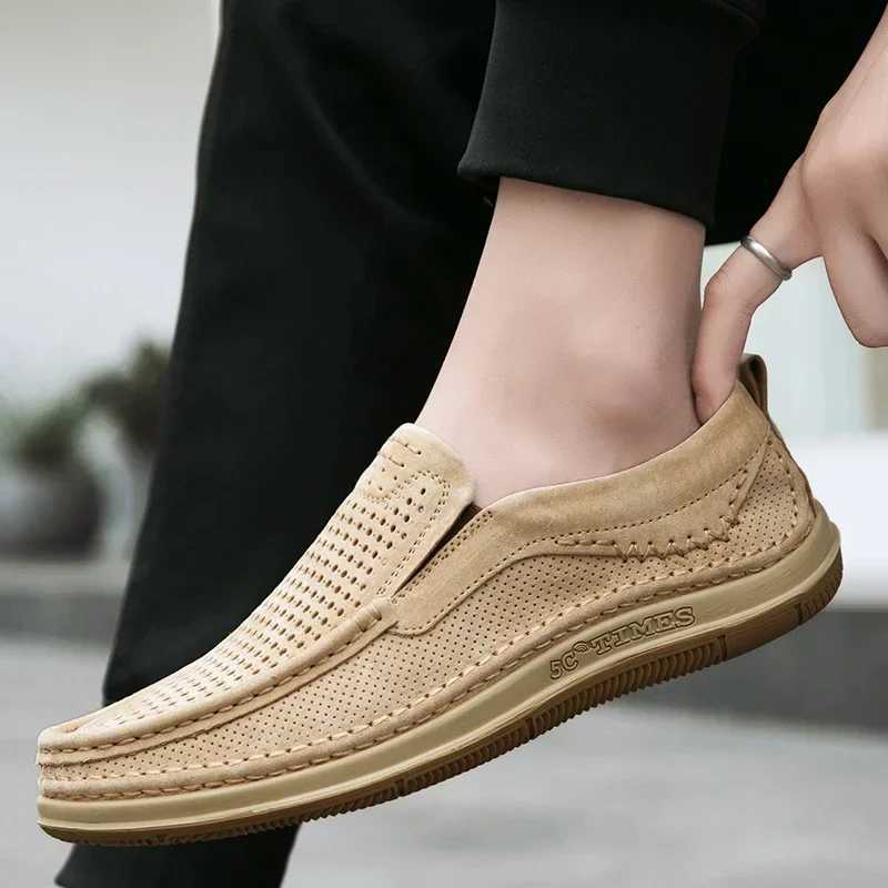 Hollow Out Summer Loafers Luxury Genuine Leather Mens Shoes Suede Male Casual Shoes Breathable Soft Driving Shoes Walking ShoesXJ250118