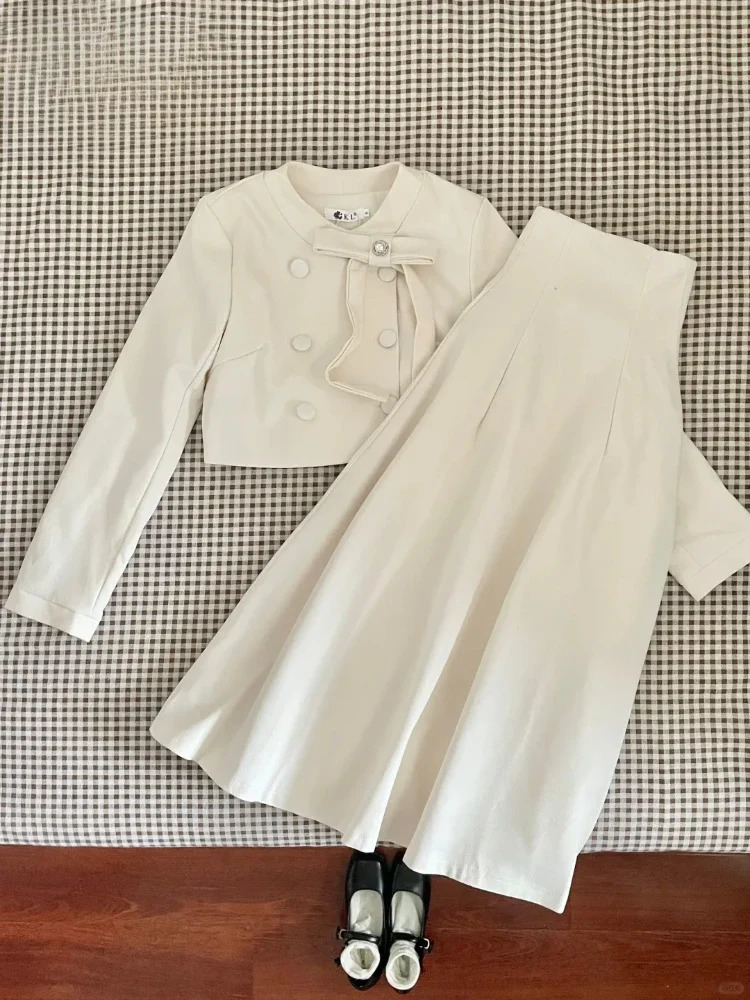 Autumn Winter French Elegant Socialite Chic Two Pieces Set Women Bow Button TopPleat Long Skirt Female Pretty n Suits 250122
