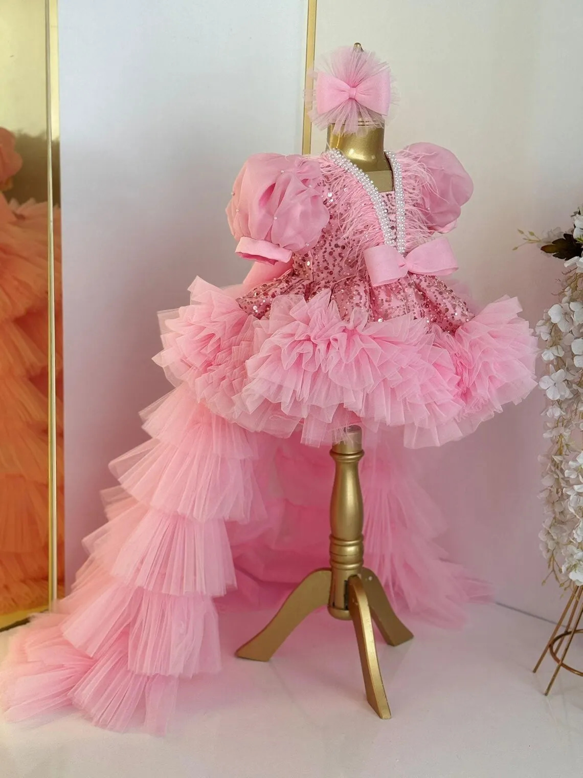 Dusty Pink Birthday Princess Feather Tulle Pageant Dress Glitter Flower Girl Dress Party Bow Formal Prom Gowns with Long Train 250120