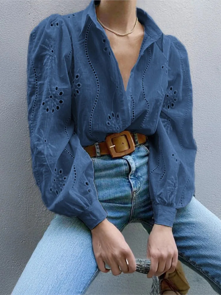 Solid Shirt Autumn Winter Casual Loose Fashion Hollow Puff Sleeve Cardigan Tops For Women Office White Blouses Woman Casual 250122