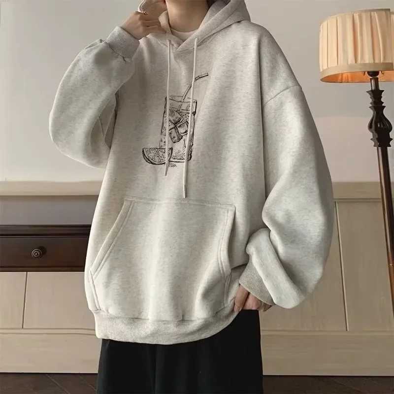 New in Cartoon Juice Drink Graphic Hoodies For Men Spring Y2K Streetwear Hooded Sweatshirts Fleece Oversized Pullover Hoody W250117