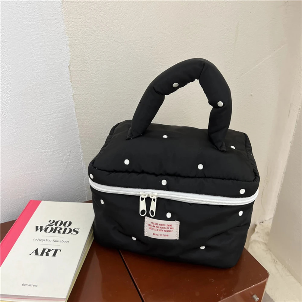 Quilted Cotton Travel Cosmetic Bag Large Capacity Dots Cosmetic Pouch Zipper with Top Handle for Outing Working and Business250114