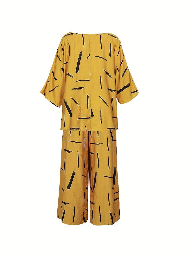 Plus size fashionable womens summer loose printed long sleeved top with pockets mens countryside twopiece set 250122