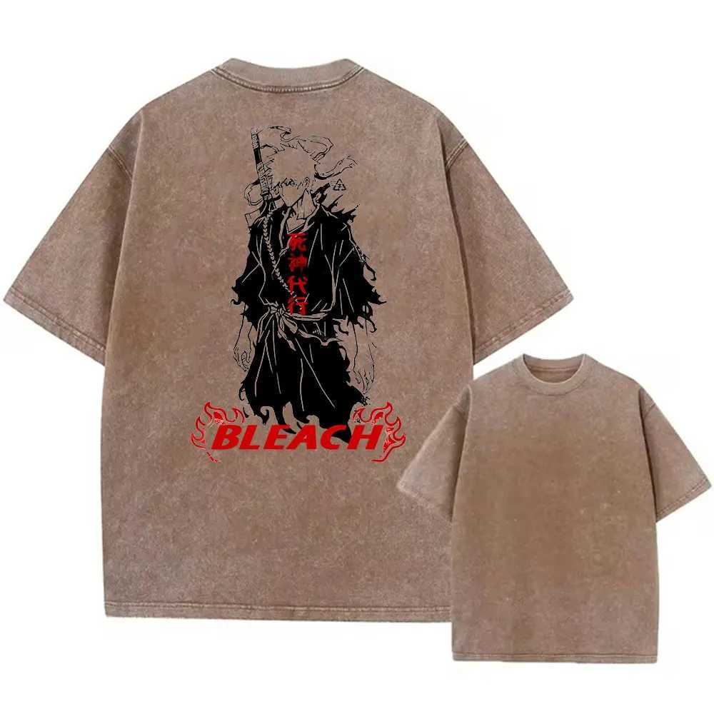 Washed Tshirts Y2K Summer Men Women Anime Bleach Print T-shirt Casual 00%Cotton Punk Gothic Vintage Hip Hop Top Tee W250117
