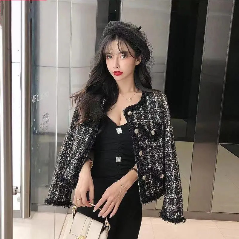 y Tweed Jacket Women Coat Long Sleeve Blazer Crop Short Tops Plaid Pockets Office Ladies Clothing 250122