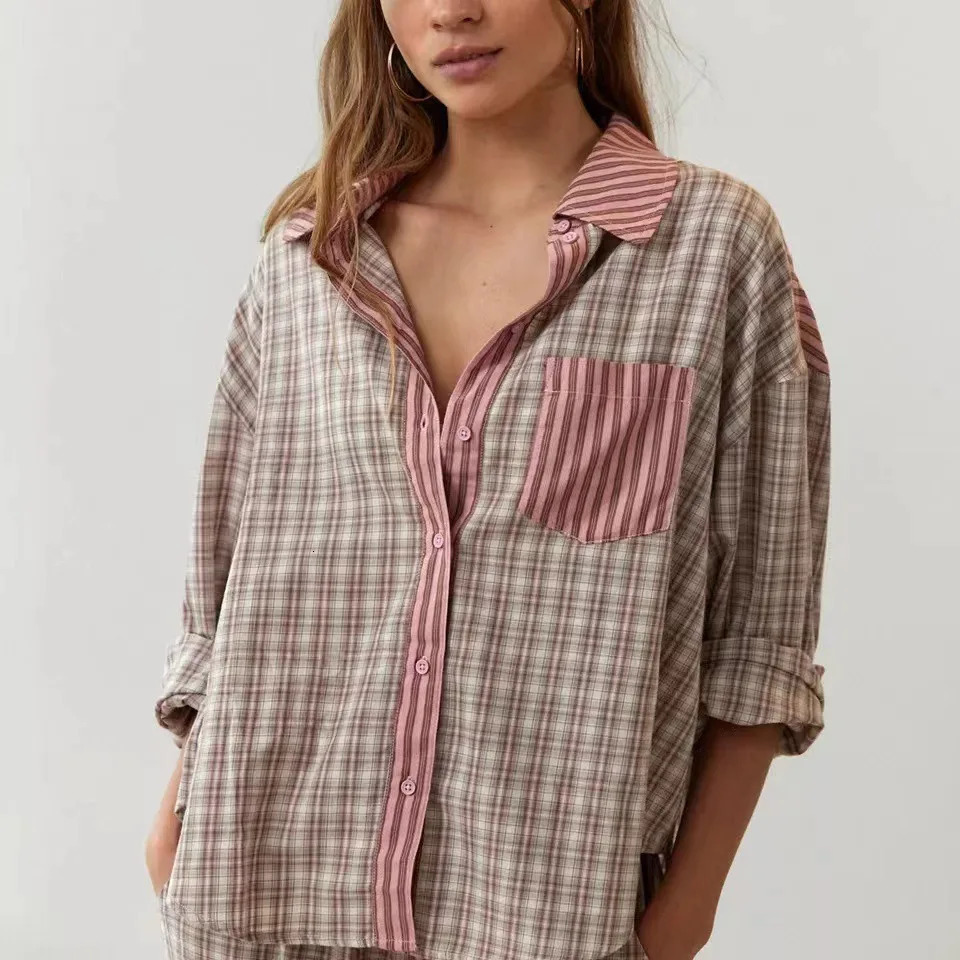 Spring and autumn flat top twopiece set 2024 womens casual long sleeved pocket shirt fashionable loose pants 250122