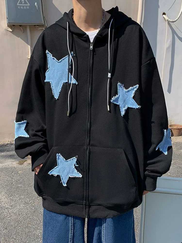 Y2k Hip Hop Womens Star Patch Zip Up Hoodie for Women Oversized Sweatshirt Jacket E-Girl 90s Pullover Gothic Streetwear W250117