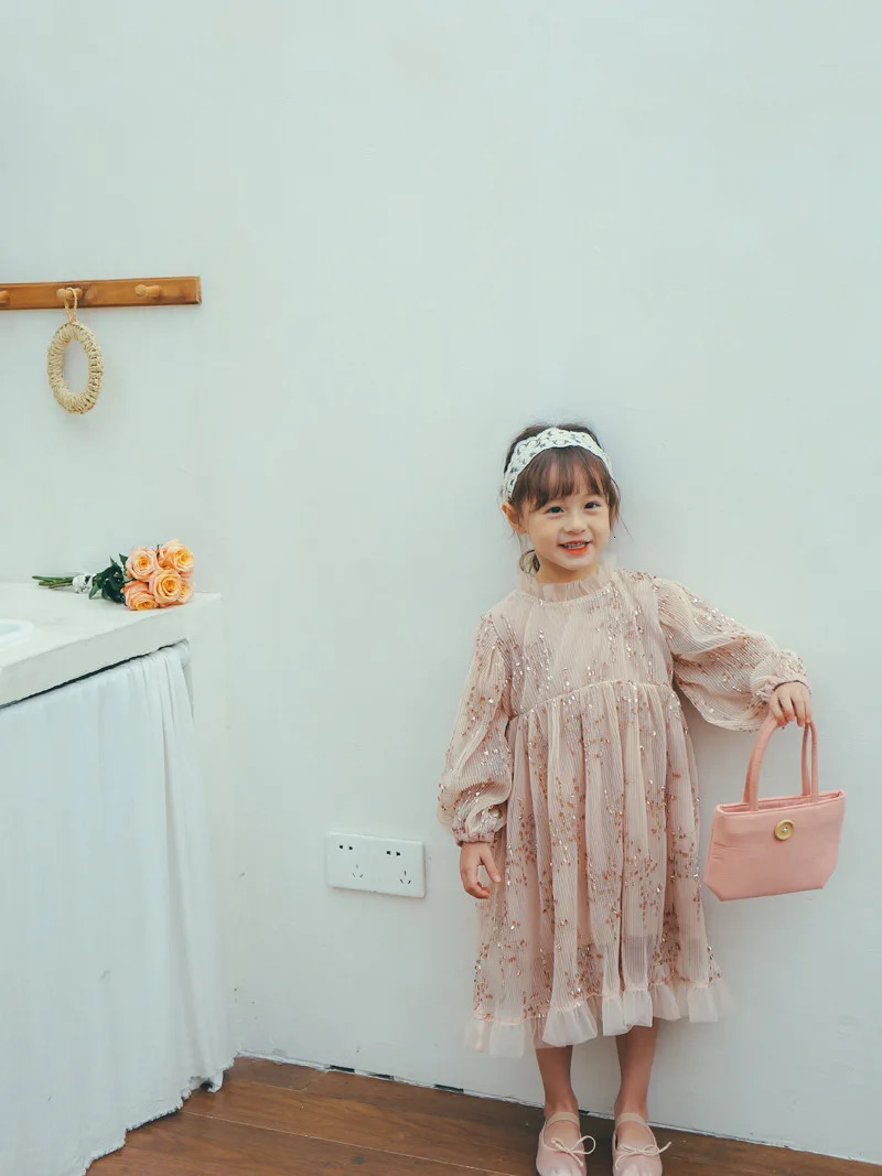 deer jonmi Spring Baby Girls Pink Princess Dresses Sequins Puff Sleeve Ball Gown Children Birthday Party Dress 250120