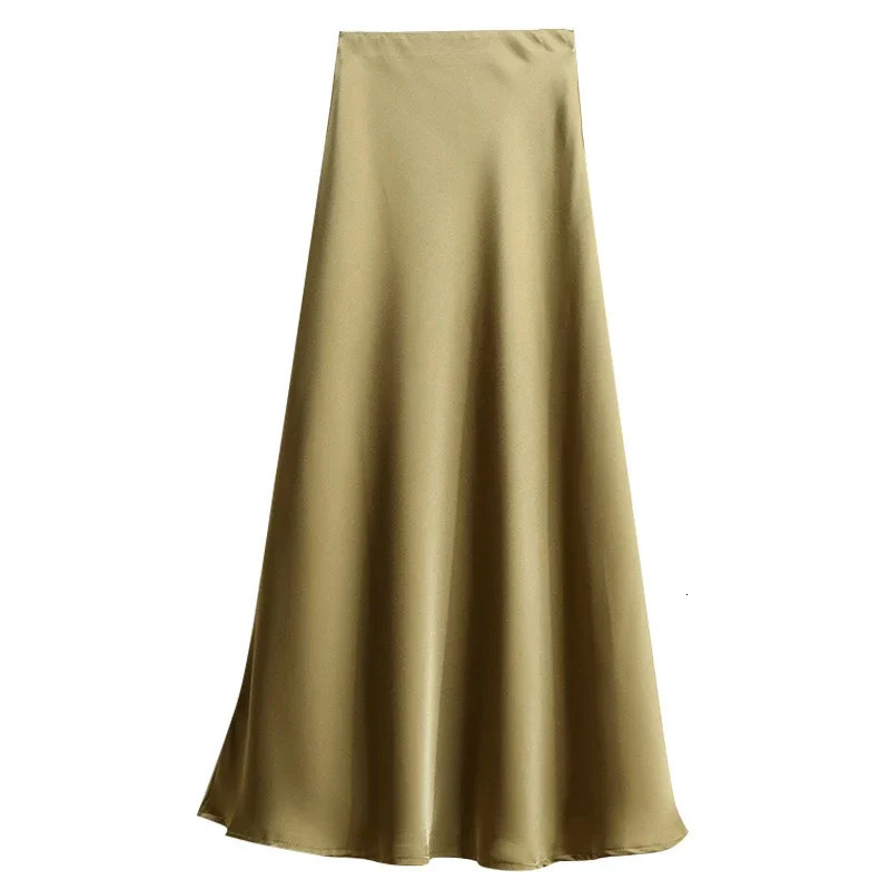High Waisted A-line Skirt for Women Satin Silk Solid Elegant Skirts Office Lady Elastic Waist Womens Long Skirt Summer 250118