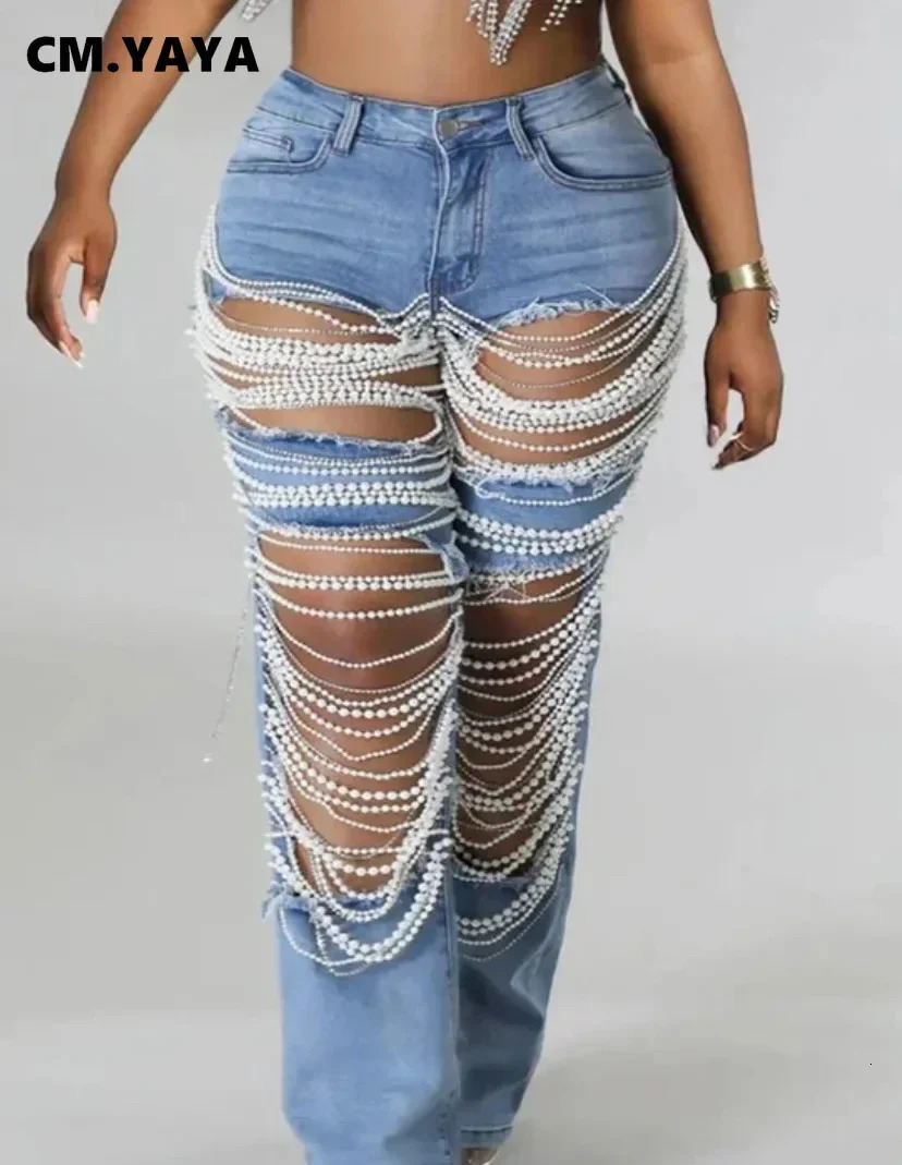 CM.YAYA Women Fashion Pearl Beading Ripped Hollow Out Tassel Wide Leg Jeans Summer INS Street Denim Pants Trousers 250117