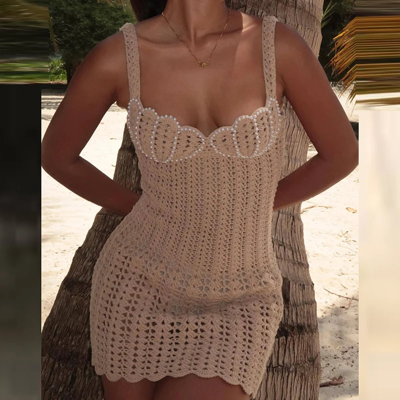 Women Crochet Knitted Sleeveless Hollow Beach Dresses Spring Summer Female Bodycon Beachwear Sexy Strap Pearl Beading Mini Dress 250113