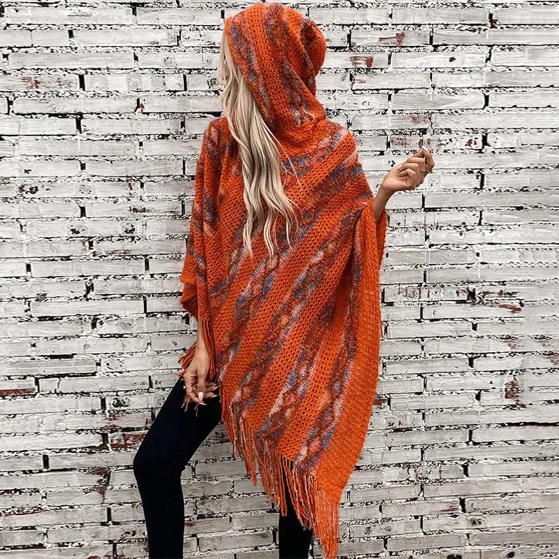 Women Knitted Hooded Cape Shawl Print Striped Tassel Spliced Ponchos Pullover Elegant Loose Cloak Ladies Autumn Winter 250121