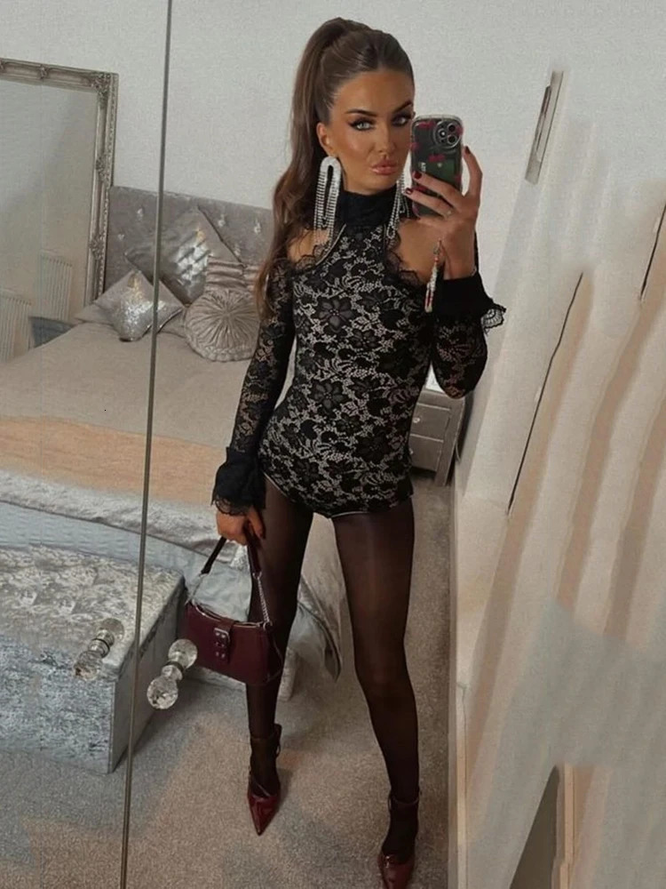 Mozision Black Lace Long Flare Sleeve Sexy Rompers Women Fashion Hollow Out Half High Collar Bodysuit Female Elegant Playsuits 250117
