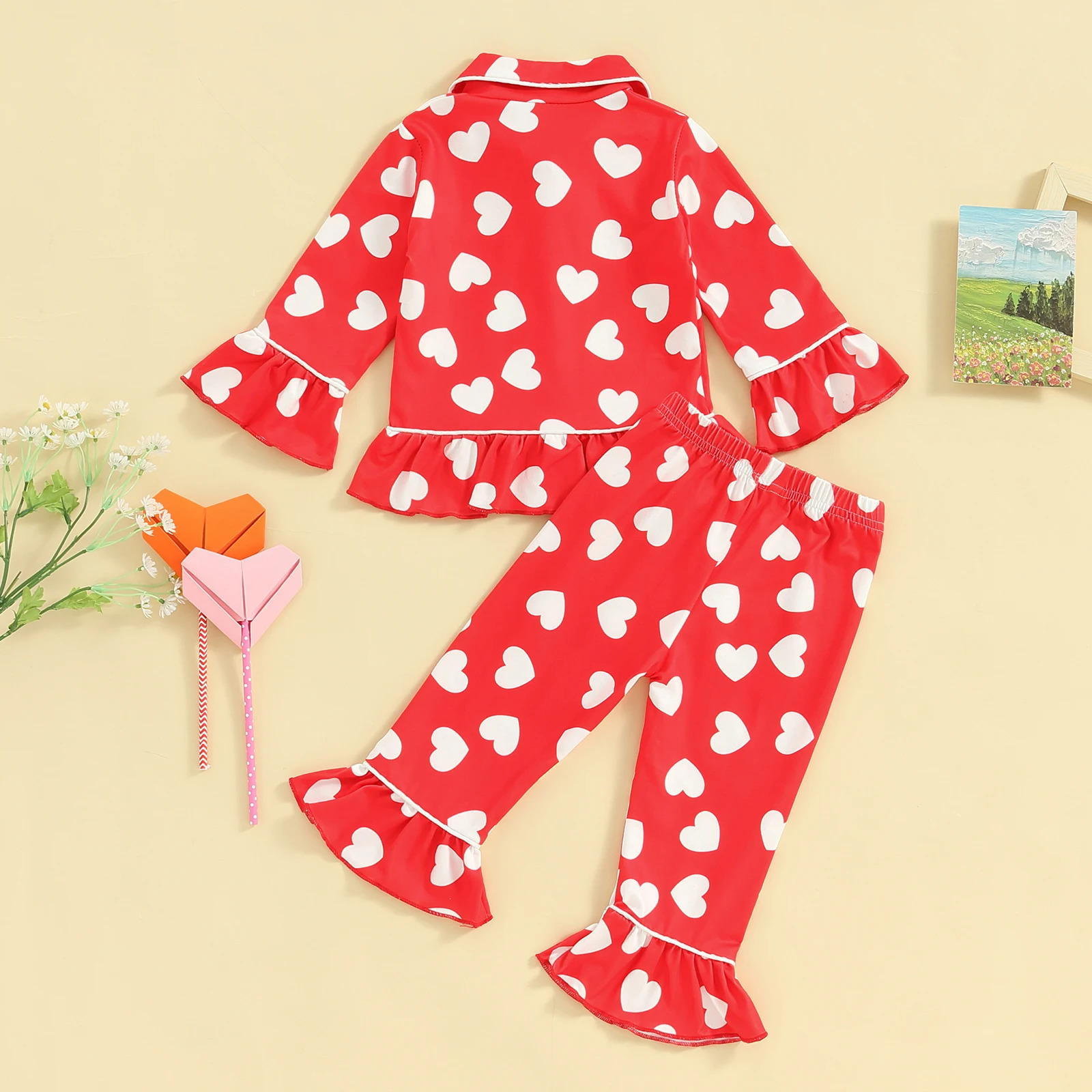 Pudcoco Kids Girls Valentine Pajamas Sets Heart Print Ruffled Button Long Sleeves Shirt and Elastic Flared Pants Loungewear 1-6T 250121