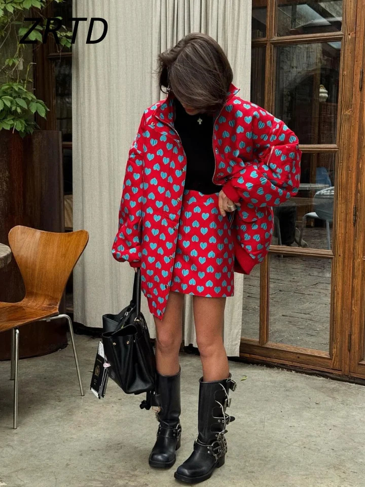 Oversize Heart Printed Jacket Mini Skirt Sets Women Loose Stand Collar Zipper Pockets Jackets Short Skirts 2024 Lady Y2k Outfits 250113