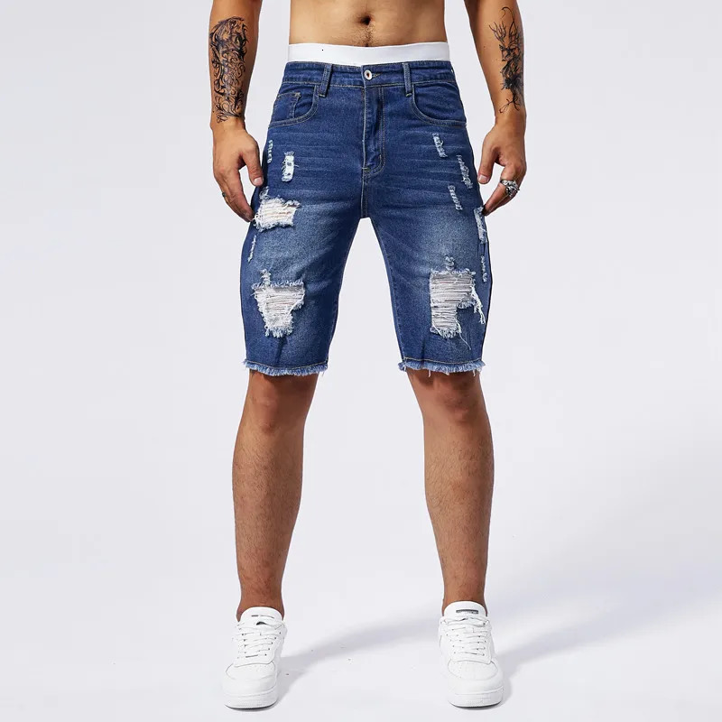 Summer mens ripped denim shorts in three colors fashionable retro washed high elasticity slim fit straight leg 241227