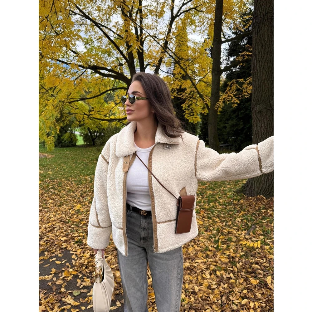 RZRA2024 winter womens clothing contrast color stripe fleece doublesided lapel jacket fashionable warm versatile 250109