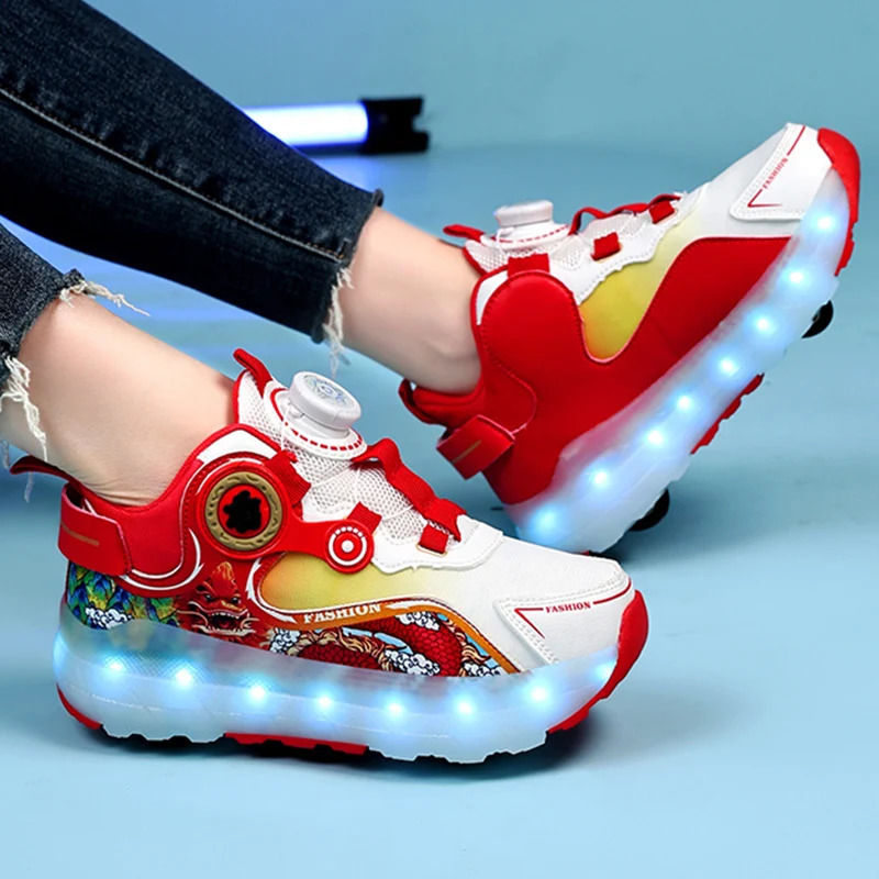 Childrens four-wheel luminous sports shoes LED light roller skating shoes boys and girls USB charging childrens training shoes 250110