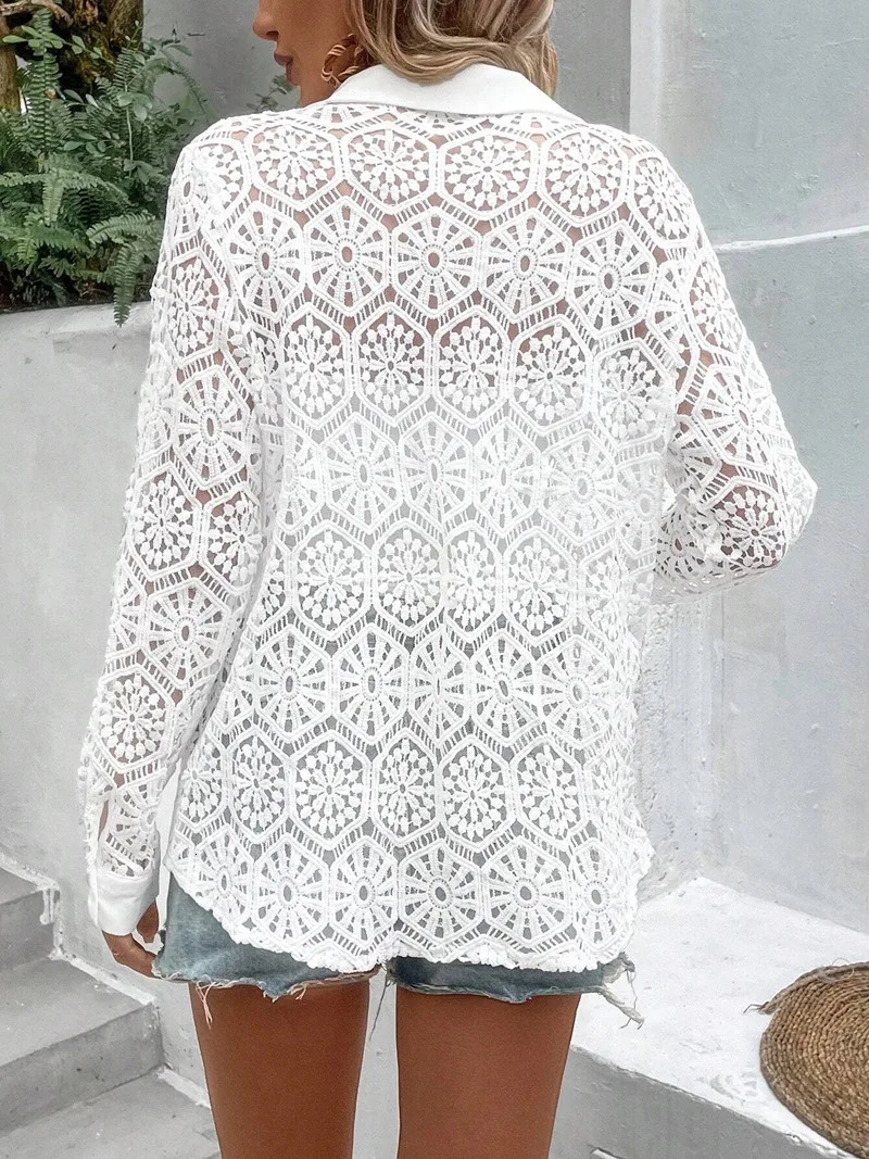 Plus Size 1XL5XL Hollow Out Blouse Casual Lapel Long Sleeve Blouse for Spring Womens Plus Size Clothing 250121