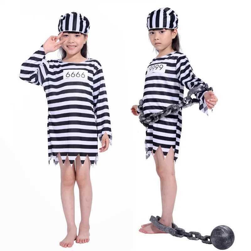 Adult Kids Striped Prisoner Costume Prison Suit Uniform Chains Family Matching Outfits Cosplay Clothes For Party Halloween W250117