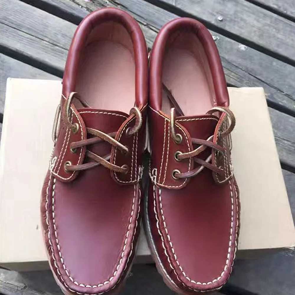 Genuine Leather Motorcycle Shoes Loafers for Men Casual Cowboy Shoes Boat Shoes Male Footwear Brown Lace-up HandmadeXJ250118