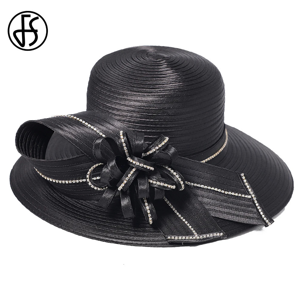 FS Elegant Black Hat Lady Formal Dress Fedora Church Cocktail Tea Party Derby Caps For Women Bow Flower Wide Brim Cloche Hats 250118