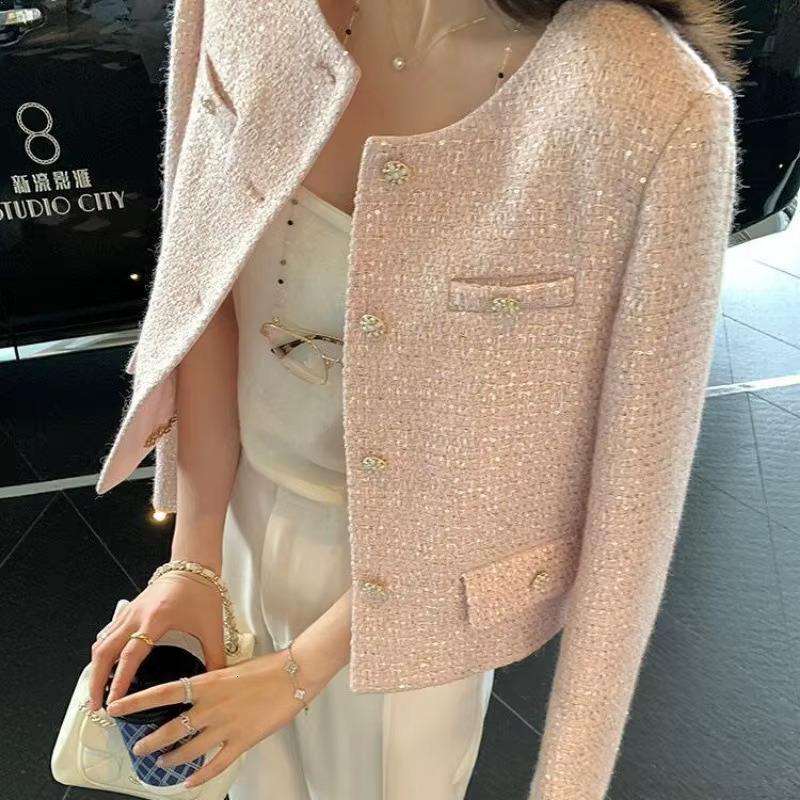 Sequin Small Fragrance Short Coat Tweed Elegant Temperament Female Tops 2024 Autumn Korean Chic Pink O Neck Jackets Woman