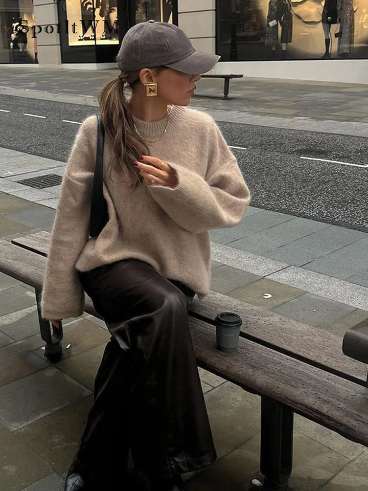 Soft Solid Mohair Knitted Pullover For Women Casual Loose O-neck Long Sleeve Sweater Autumn Female High Street Knitwear 250118