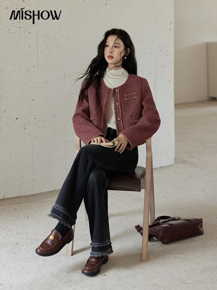 MISHOW Plaid Tweed Short Jacket Women French ONeck Long Sleeve Autumn Winter Temperament Contrast Color Top MXD34W0482 250122
