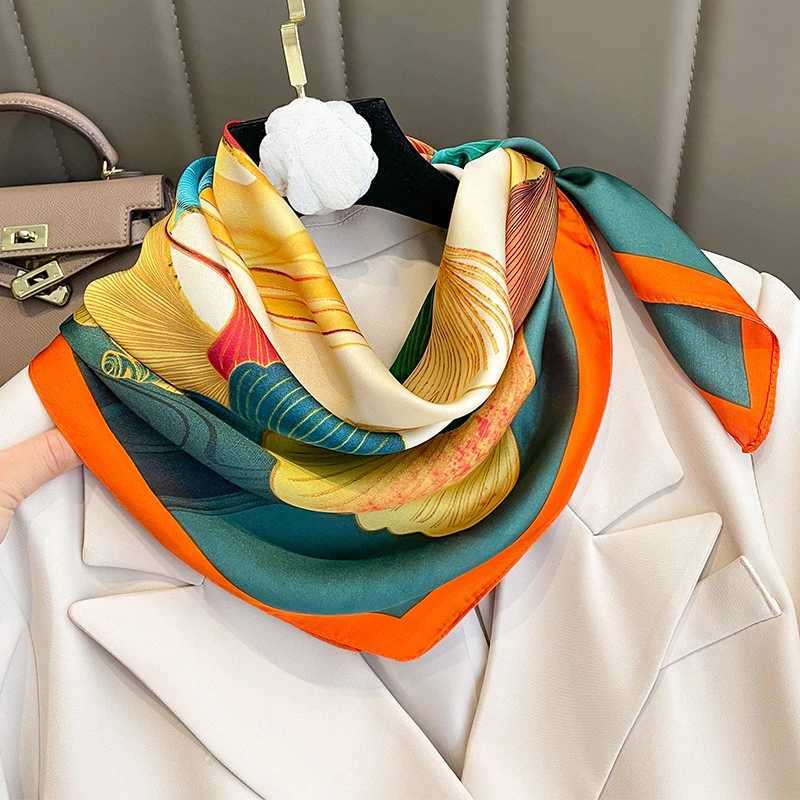 Spring/Summer Ginkgo Leaves Imitation Silk Neck Scarf Outdoor Decoration Wr for Women Breathable Print 70*70cm Square Scarf W250118