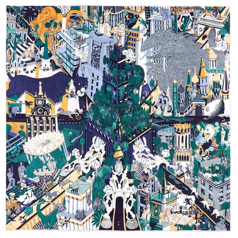 POBING Twill Silk Scarf Women Animals Kingdom Square Scarves Manual Hand Rolled Echarpes Foulards Femme Wr Bandana Hijab 90CM W250118