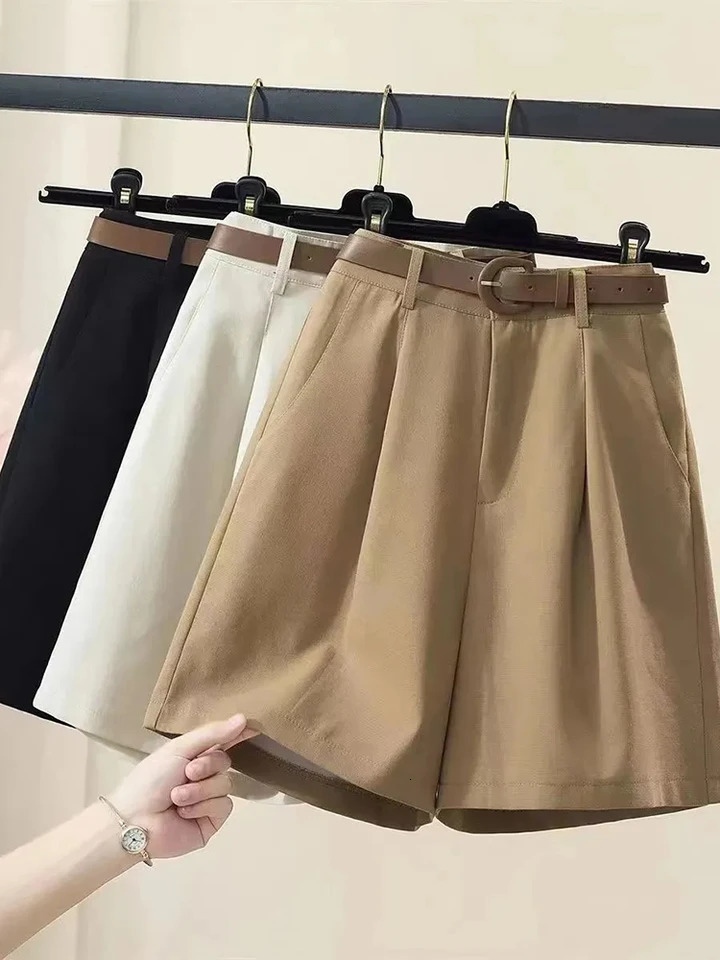Zoki Pure Cotton Y2K Cargo Shorts Women Harajuku Belt High Waist Shorts Korean Vintage Loose Solid Female Simple Casual Shorts 250118