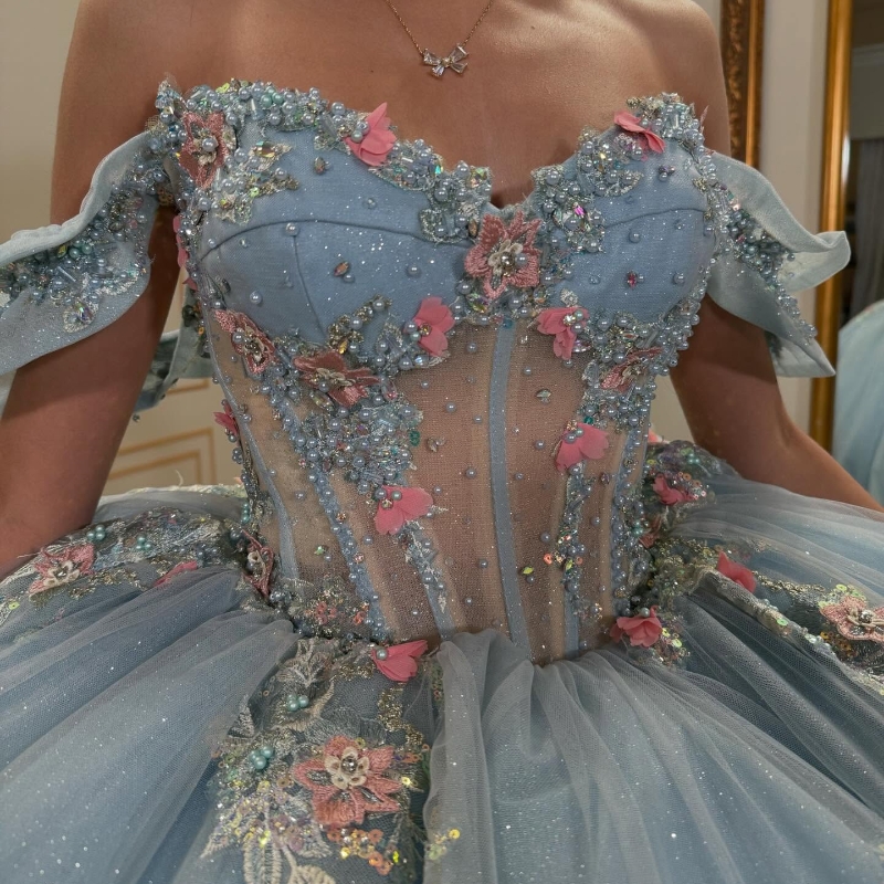 Sky Blue Shiny Quinceanera Dresses Ball Gown Off The Shoulder Applique Lace Beading Tull Party Birthday Sweet 16 Dres vestidos de 15 anos