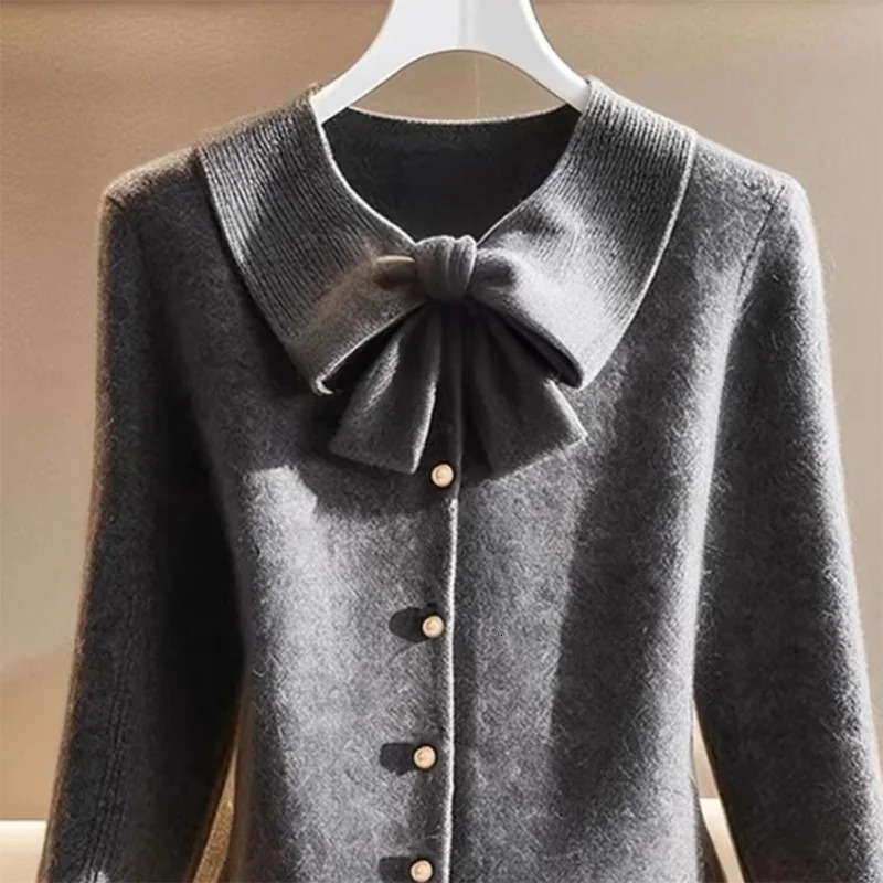 Women Knitwear Temperament Slim Bow O-neck Sweaters Autumn Winter Elegant Thick Warm Solid Knitted Cardigan 250121