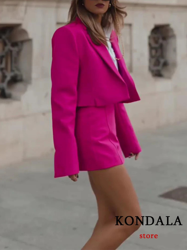 KONDALA Office Lady Rosered 2 Piece Blazer Women Suits V Neck Short WomenHigh Waist Shorts Skirt Female Fashion Set 250122