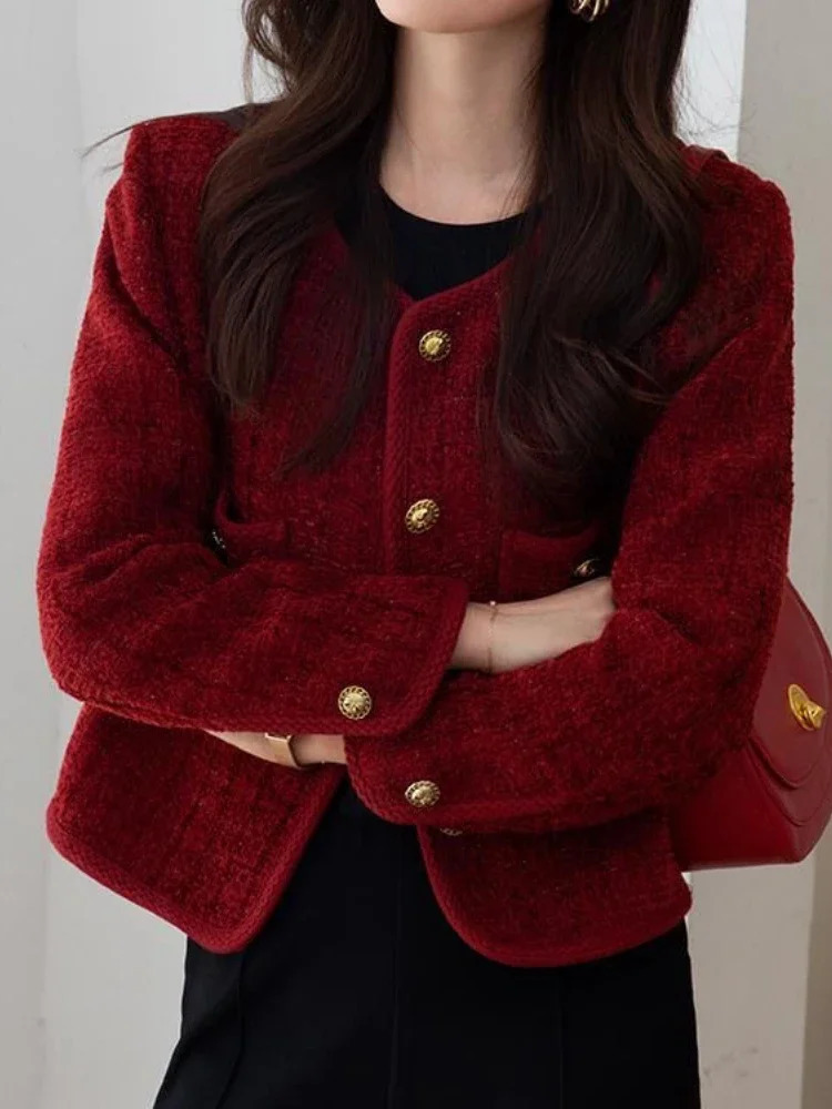 Wine Red Womens Jackets Autumn and Winter Metal Buckle Short Women Coat Korean Fashion Slim Elegant Tweed 250122