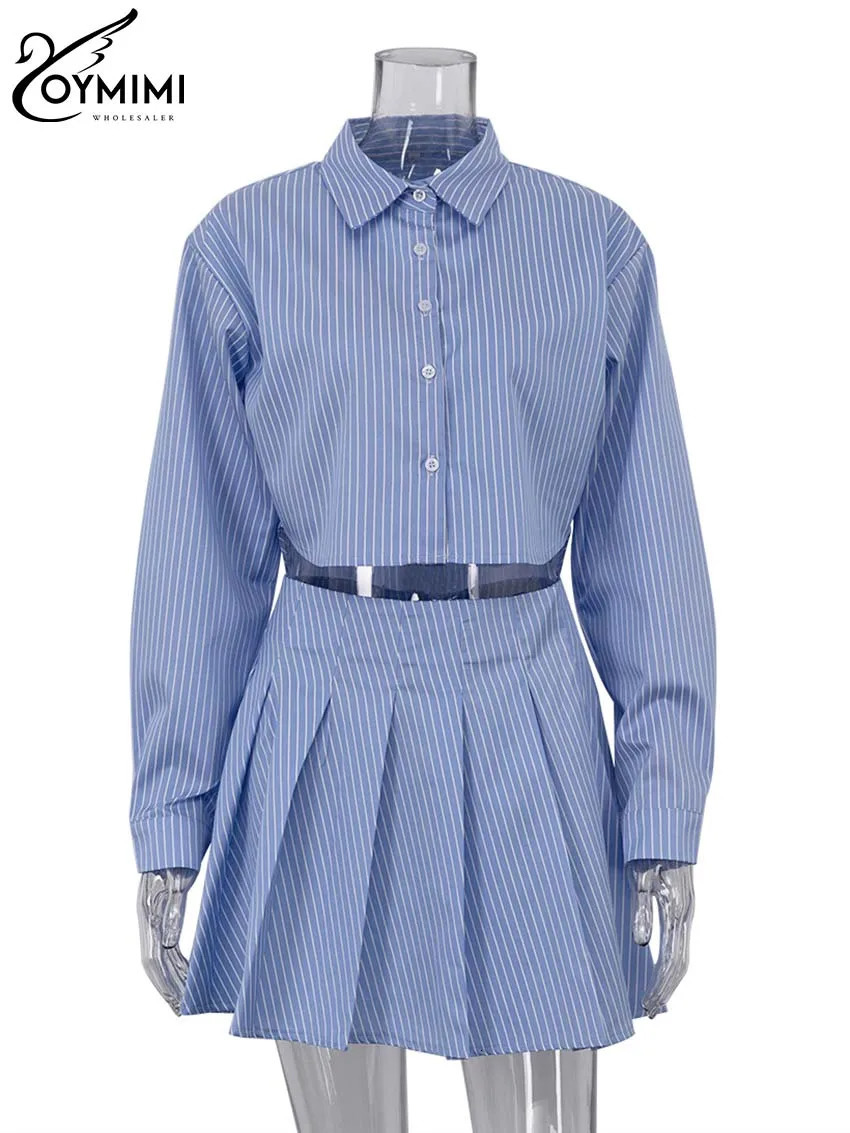 Oymimi Elegant Blue Striped Print Sets For Women 2 Pieces Fashion Long Sleeve Button Crop Tops And High Waist Pleated Skirts Set 250122