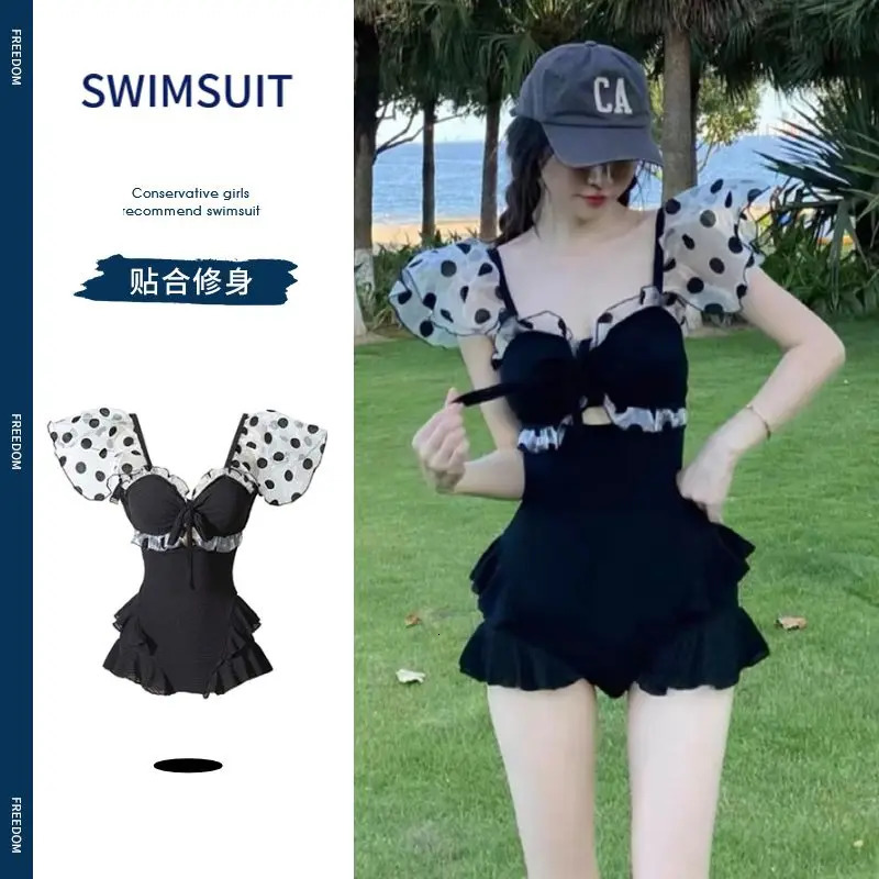 2023 Summer Fashion Dot Square Neck Hollow Out Pure Desire Style Gathering High Waist Covering Belly Skirt Swimwear 250120