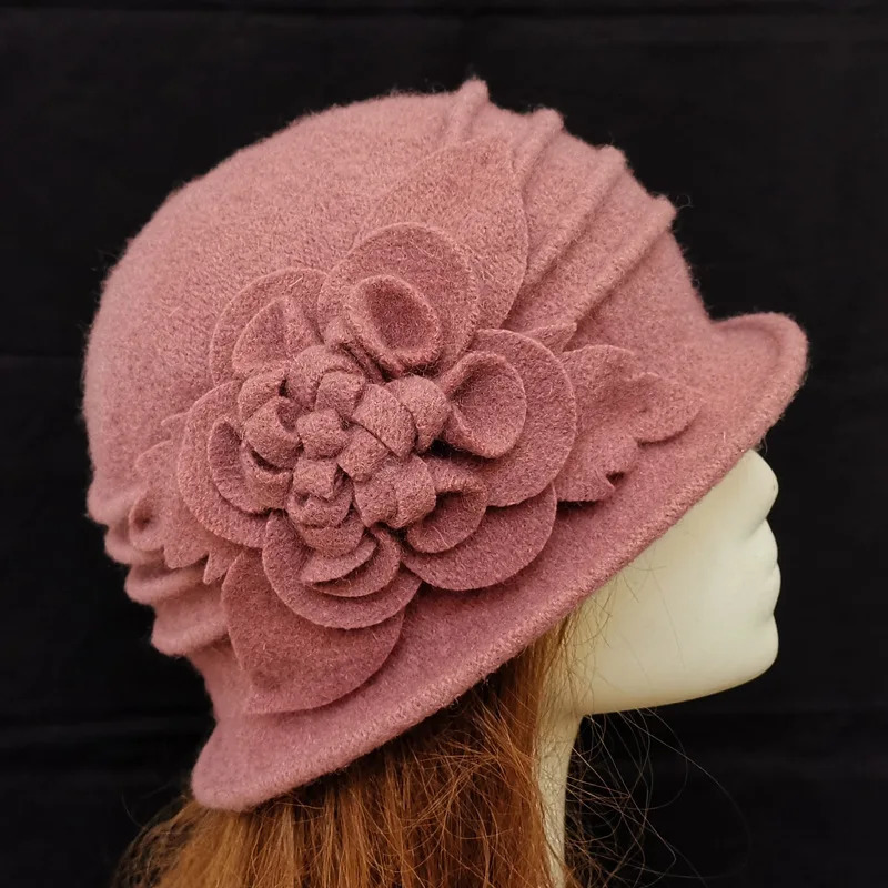Women 100% Wool Hat For Autumn and Winter Moms Warm Soft Hats Dimensional Floral Fedoras 250118