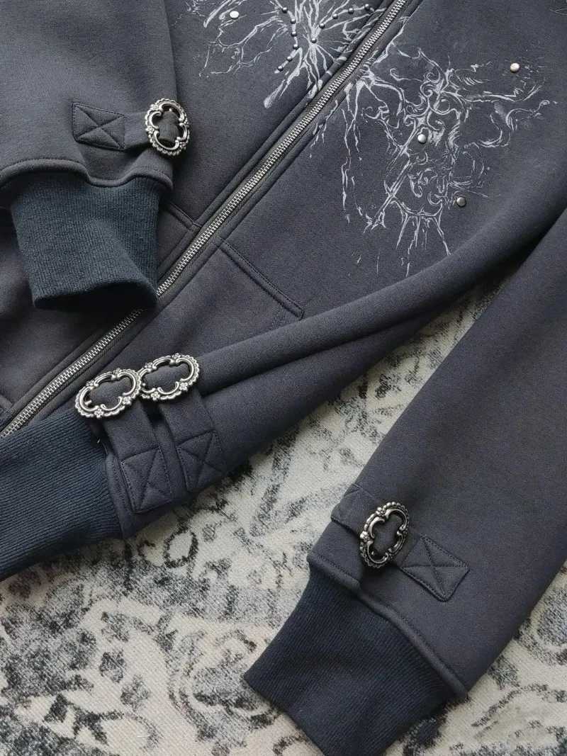 Y2K Gothic Printed Fur Collar Zipper Hoodie Womens Retro Millennium Hot Girl Ultra Thin Warm Harajuku Korean Street Casual Hoodie W250117