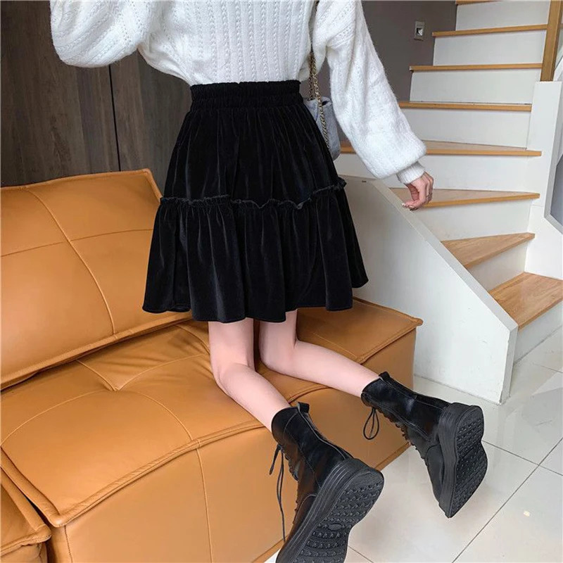 Black Velvet Patchwork Mini Skirt Women Sweet Solid A Line High Waist Fashion Pretty Style Pleated Summer Student 250121