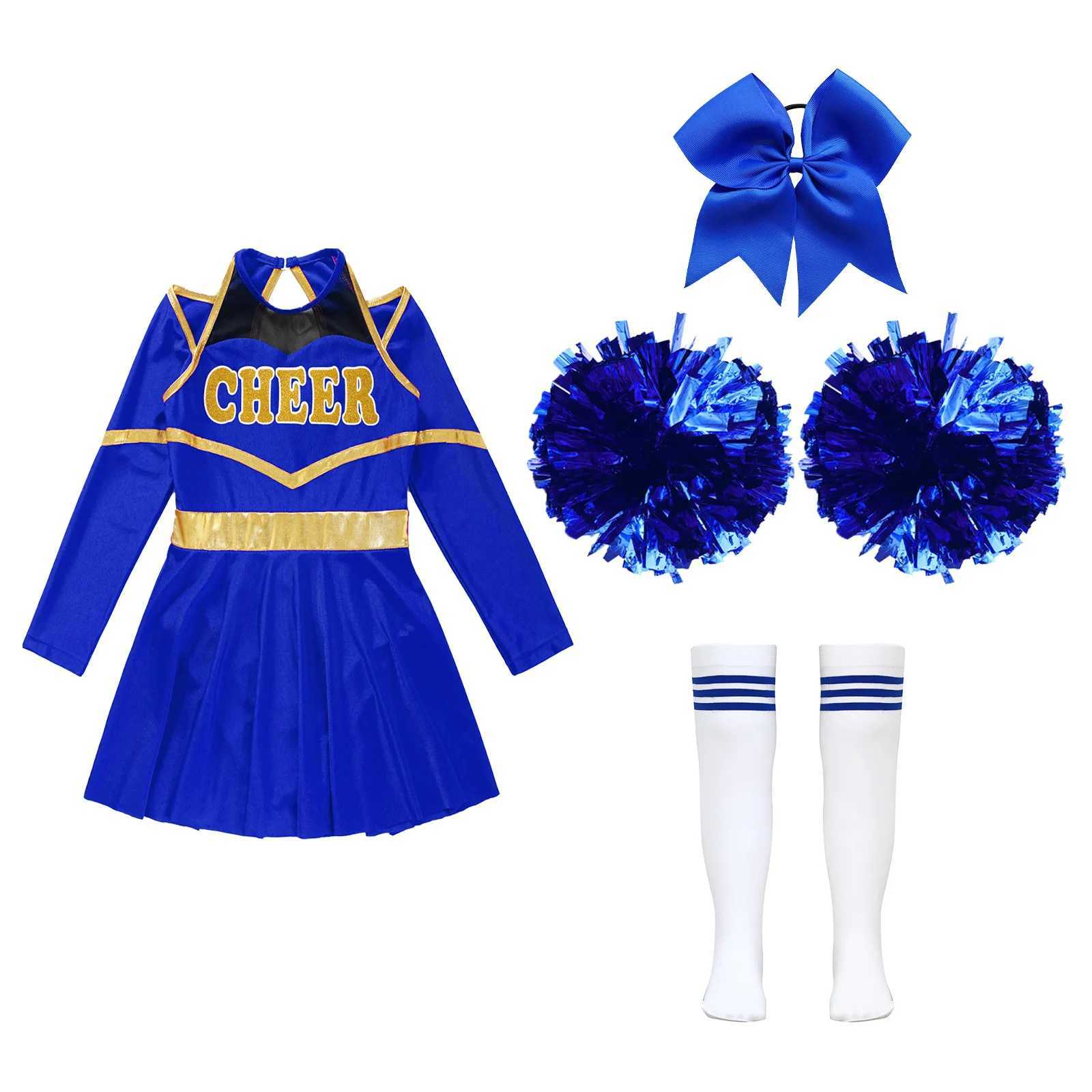 Kids Girls Cheerleading Costumes Uniform Long Sleeves Dance Dress with Hand Flowers Headwear Striped Socks for Stage Performance W250117