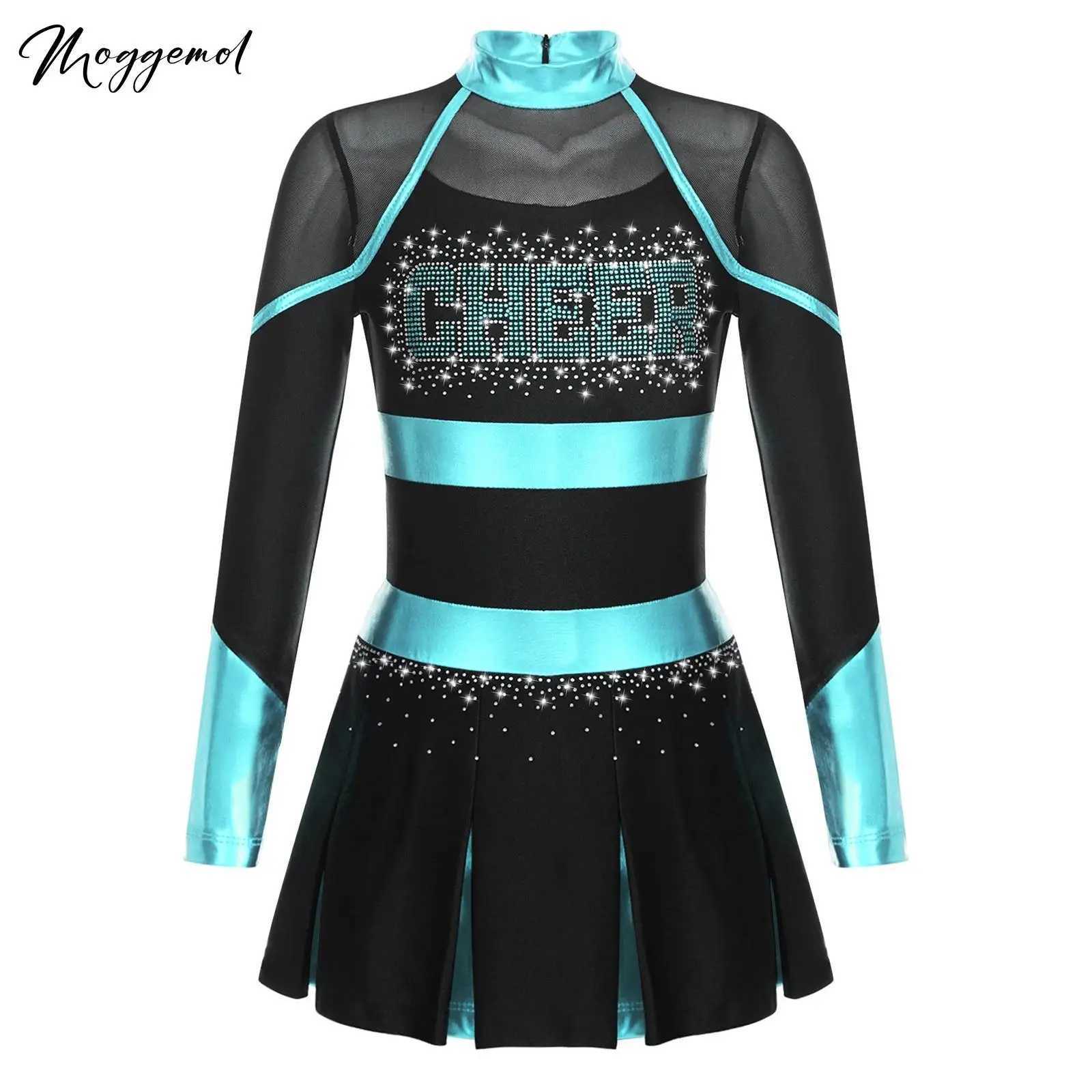 Kids Girls Cheerleader Costume Outfit Rhinestone Long Sleeve Dress Musical Cheerleading Uniform Halloween Party Carnival CosplayW250121