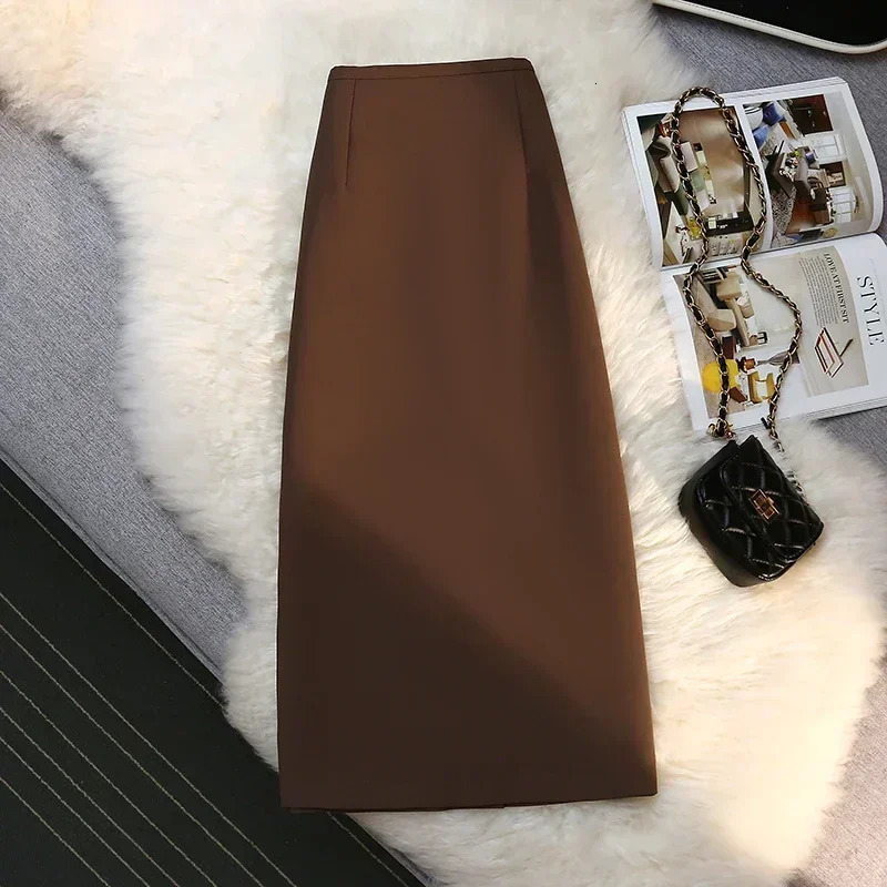 Fashion Elegant Formal Skirts Women Autumn High Waist Drape Suit Long Brown Skirt Zipper Female 250118
