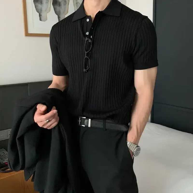 Trendy Casual Summer Polo Shirt For Men Solid Color Knitted Top Short Sleeves Base Layer Top Korean Style W250117