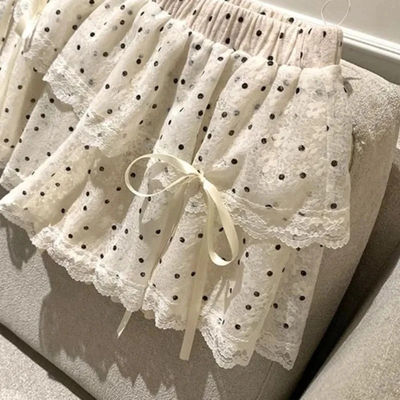 MEXZT Kawaii Dots Mini Skirt Women Japanese Cute Lace Bow Ball Gown Skirts Summer Korean High Waist Ruffles Casual A Line 250121