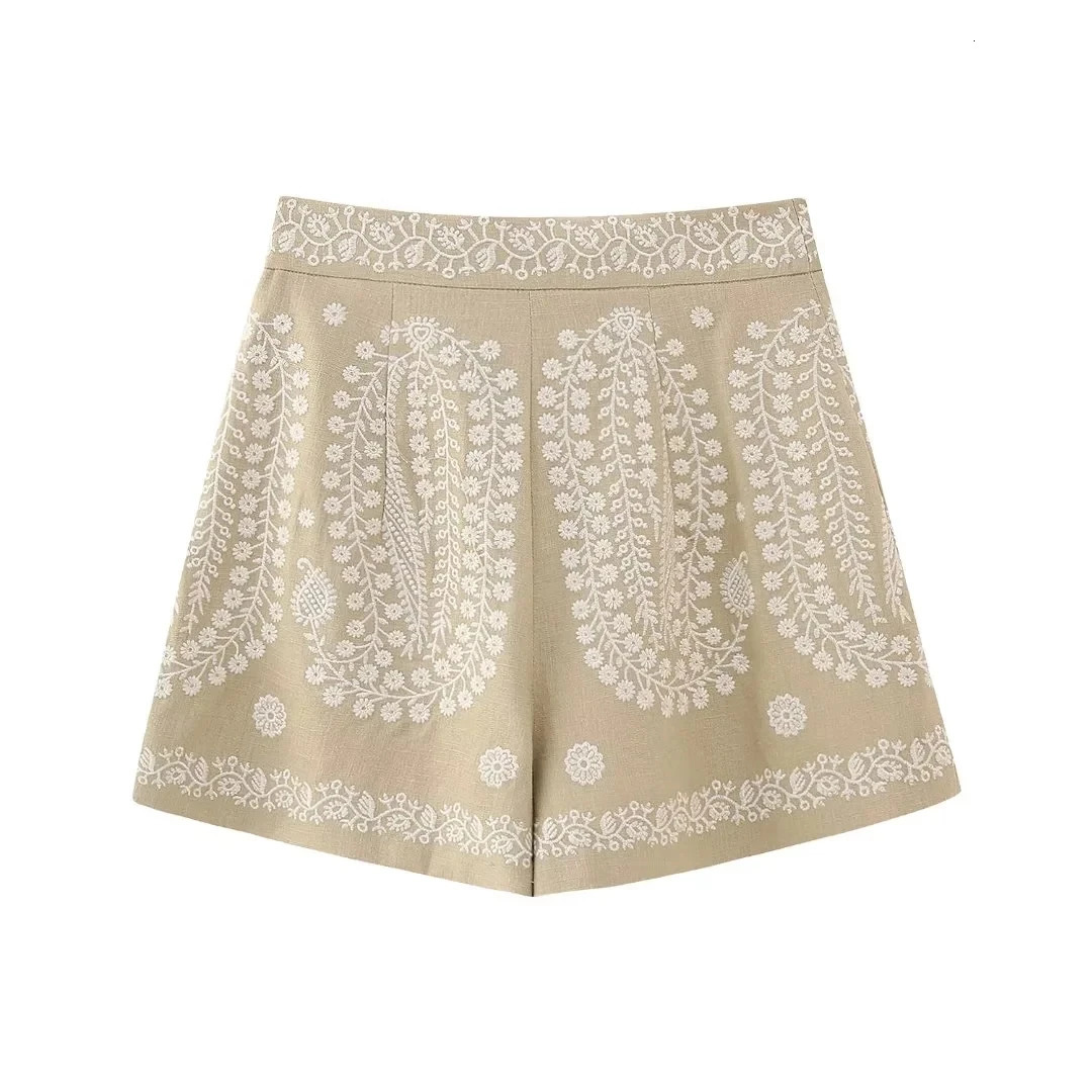 Womens Short traf Floral Embroidery instarfz Khaki Summer Short Casual Loose Spodenki Damskie Short Pantalones Cortos De Moda 250118