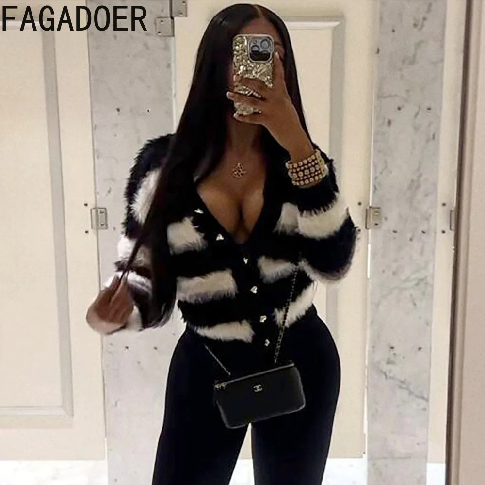 FAGADOER black and white striped printed casual knitted top for women V-neck button up long sleeved cardigan spring ultra-thin streetwear 250122