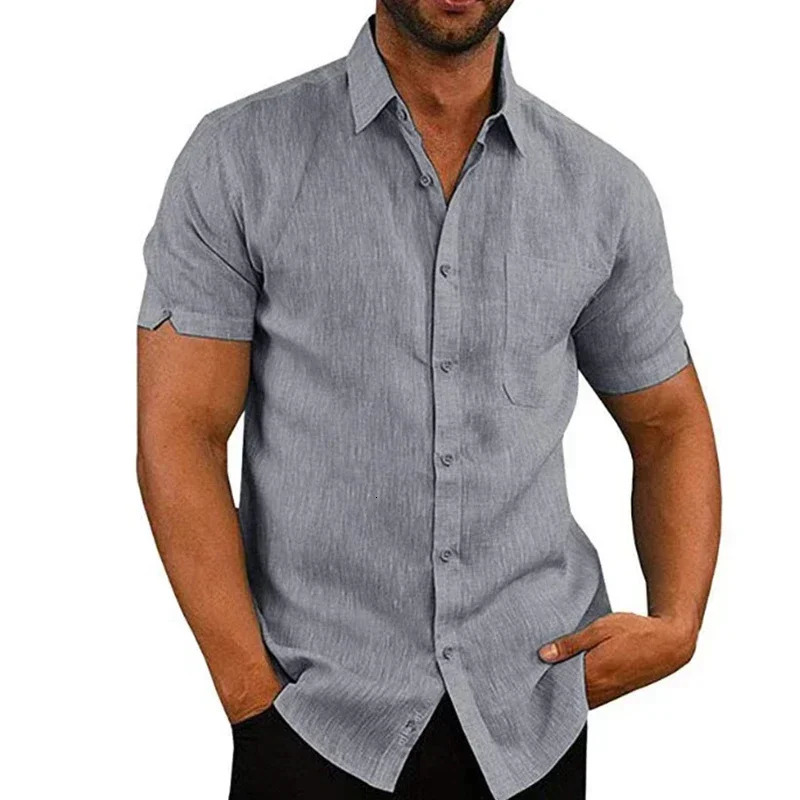 Summer Cotton Linen Shirts for Men Casual Short Sleeved Blouses Solid TurnDown Collar Formal Beach Male Clothing 250122