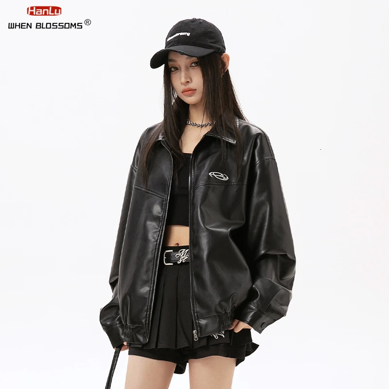 Metal Printed Black PU Leather Jacket for Men and Women Trendy American High Street Spring Couple Trend 250120
